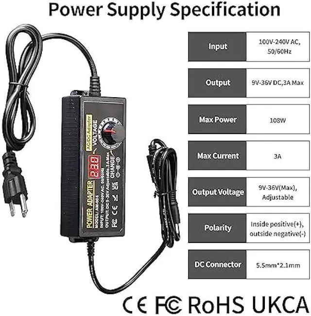 Alt view image 6 of 7 - 108W Universal Power Supply Adjustable 9V~36V DC Switching Adapter 100V-240V AC to DC Converter Transformer with LED Voltage Display,14 Tips & Polarity Converter,9V12V15V18V20V24V...36V Power Supply
