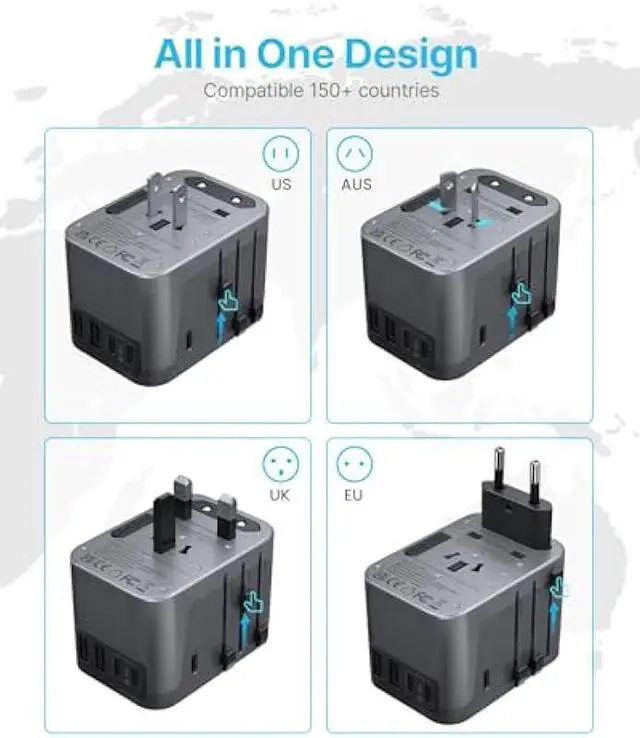 Alt view image 2 of 5 - Universal Travel Adapter, VINTAR International Power Adapter with 6A 3 USB C and 2 USB Ports, All in One Travel Essentials Plug Adapter, Worldwide Outlet Converter for Europe UK USA AUS(Type C/G/A/I)