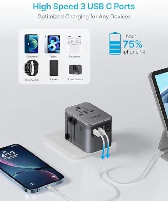 Alt view image 5 of 5 - Universal Travel Adapter, VINTAR International Power Adapter with 6A 3 USB C and 2 USB Ports, All in One Travel Essentials Plug Adapter, Worldwide Outlet Converter for Europe UK USA AUS(Type C/G/A/I)