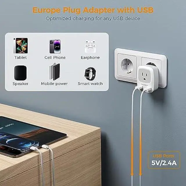Alt view image 4 of 5 - TESSAN European Travel Plug Adapter, Europe Power Adaptor with 2 USB Ports, International Type C Outlet Charger for US to Most of EU Iceland Spain Italy France Germany