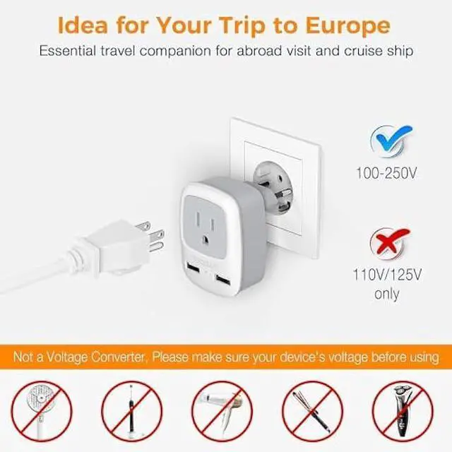 Alt view image 5 of 5 - TESSAN European Travel Plug Adapter, Europe Power Adaptor with 2 USB Ports, International Type C Outlet Charger for US to Most of EU Iceland Spain Italy France Germany