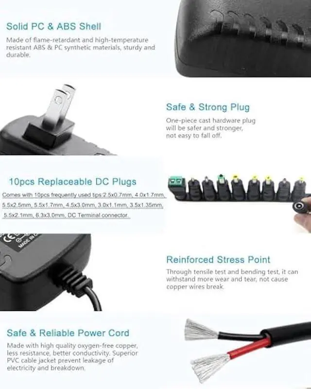 Alt view image 5 of 5 - DC 12V 1.5A 1500mA Switching Power Supply AC DC Adapter 100-240V 50-60Hz AC to DC 12 Volt 1.5 Amp Power Adapter 5.5mm x 2.5mm/2.1mm DC Plug Connectivity (12Volt 1.5A Adapter with 10 Sizes of Tips)