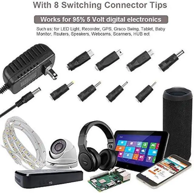 Alt view image 2 of 5 - DC 5V 2A 2000mA Power Supply Cord Charger Multi Tips 10W AC Adapter with 8 Selectable Multiple Switching Connectors for TV Box LED Lights Strip Tablets Webcam Camera Speaker Router Transformer ect