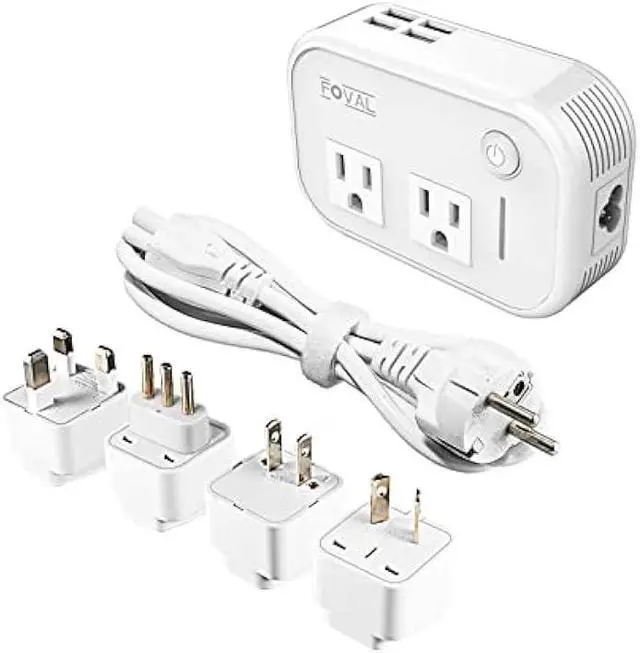 Main image of FOVAL Power Step Down 220V to 110V Travel Voltage Converter International Power Adapter for Hair Straightener/Curling Iron with 4-Port USB Charging US/UK/AU/IT/EU Universal Plug Adapter White