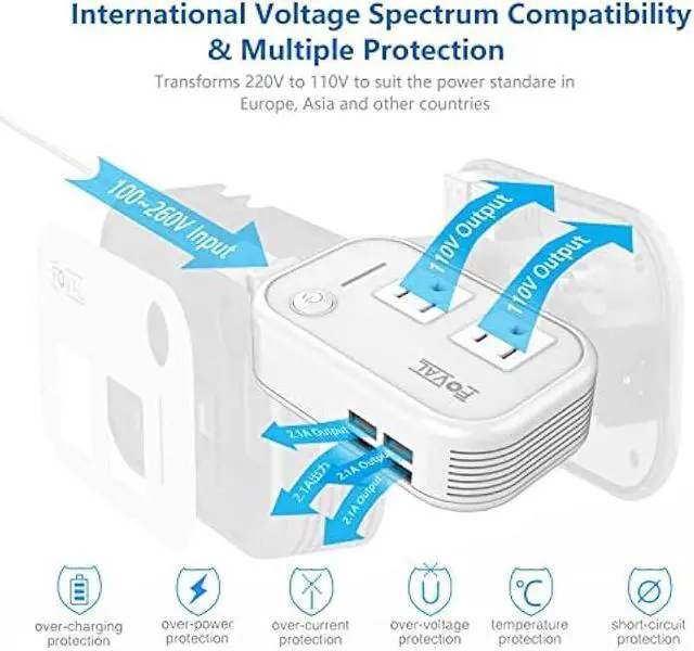 Alt view image 4 of 6 - FOVAL Power Step Down 220V to 110V Travel Voltage Converter International Power Adapter for Hair Straightener/Curling Iron with 4-Port USB Charging US/UK/AU/IT/EU Universal Plug Adapter White