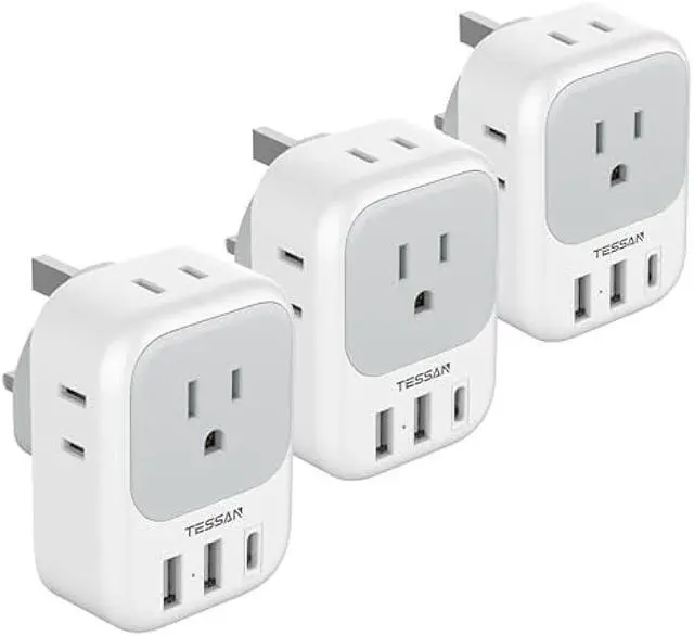 Main image of US to UK Plug Adapter 3 Pack, TESSAN Type G Adapter for Travel with 4 Outlets 3 USB Charger(1 USB C), Ireland Power Adaptor for USA to England London Scotland Dubai Singapore Hong Kong Qatar