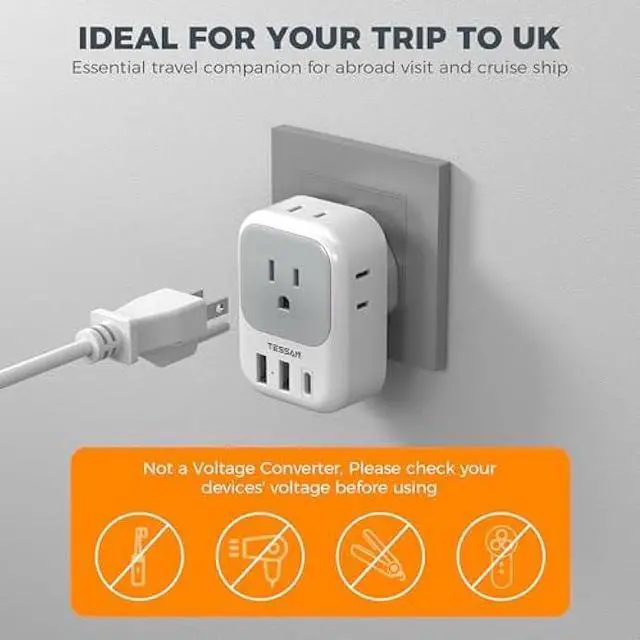 Alt view image 6 of 6 - US to UK Plug Adapter 3 Pack, TESSAN Type G Adapter for Travel with 4 Outlets 3 USB Charger(1 USB C), Ireland Power Adaptor for USA to England London Scotland Dubai Singapore Hong Kong Qatar