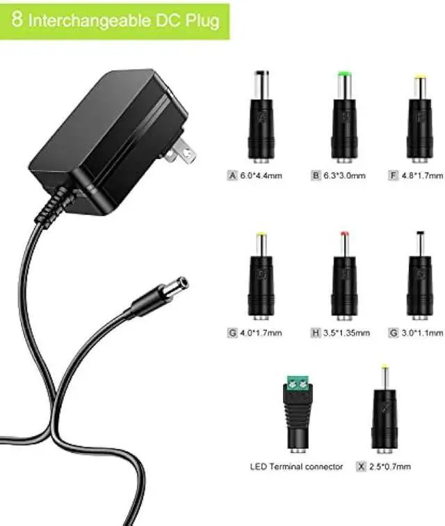 Alt view image 2 of 6 - 12V 2A Power Adapter AC Power Supply Cord 12 Volts 2 Amps Regulated Switching Charger with 8 Interchangeable DC Plug for 2000mA 1500mA 1000mA 900mA 850mA 800mA 700mA 600mA 500mA Equipment