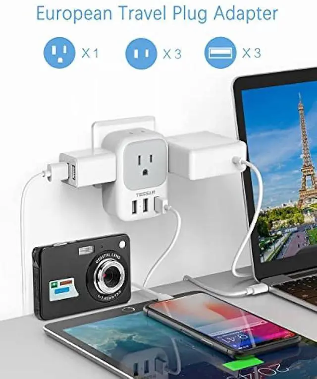 Alt view image 2 of 6 - TESSAN European Travel Plug Adapter 2 Pack, US to Europe Power Adapter with 4 Outlets and 3 USB, International Euro Charger Adaptor Type C for USA to EU Spain France Iceland Italy Germany Greece