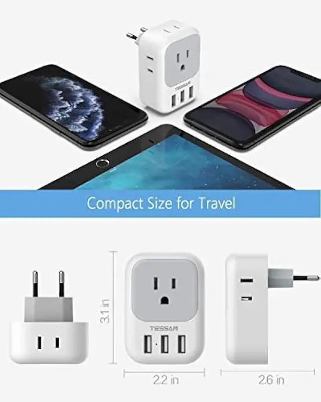 Alt view image 6 of 6 - TESSAN European Travel Plug Adapter 2 Pack, US to Europe Power Adapter with 4 Outlets and 3 USB, International Euro Charger Adaptor Type C for USA to EU Spain France Iceland Italy Germany Greece