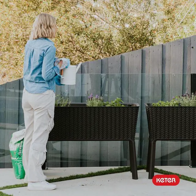 Alt view image 2 of 7 - Keter Splendor 31.7 Gallon Raised Garden Bed with Self Watering Planter Box and Drainage Plug-Perfect for Growing Fresh Vegetables, Flowers and Herbs, Brown
