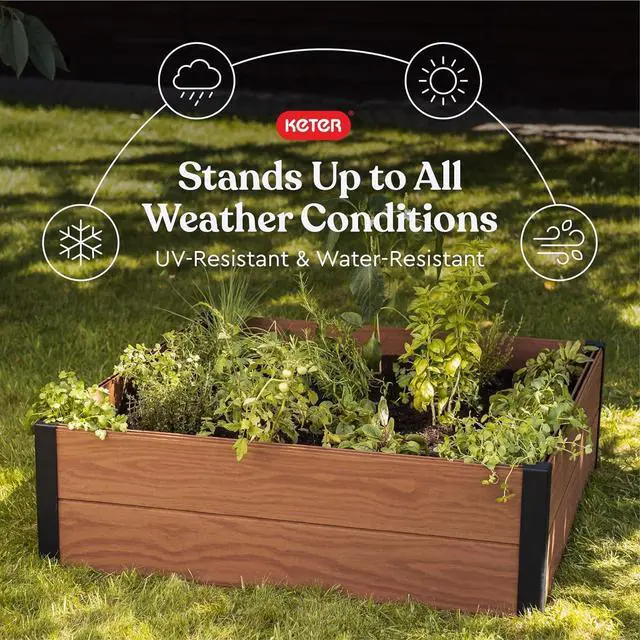 Alt view image 3 of 7 - Keter 48" X 48" inches Wood Look Raised Garden Bed, Durable Outdoor Herb Garden Planter for Vegetables, Flowers, and Succulents, Brown