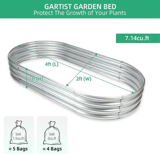 Alt view image 3 of 7 - Galvanized Raised Garden Bed, 4x2x1 FT Thickening Raised Beds for Gardening, Oval Larger Space Planter Box for Outdoor for Herbs, Vegetables, Fruits