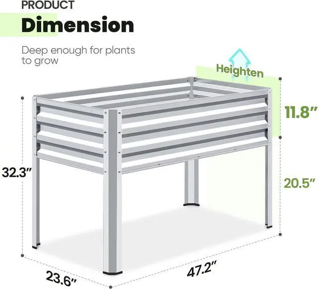 Alt view image 2 of 7 - KING BIRD Large Raised Garden Bed with Legs Galvanized Elevated Planter Box 48×24×30 in for Backyard, Patio, Balcony, 400lb Capacity, Silver