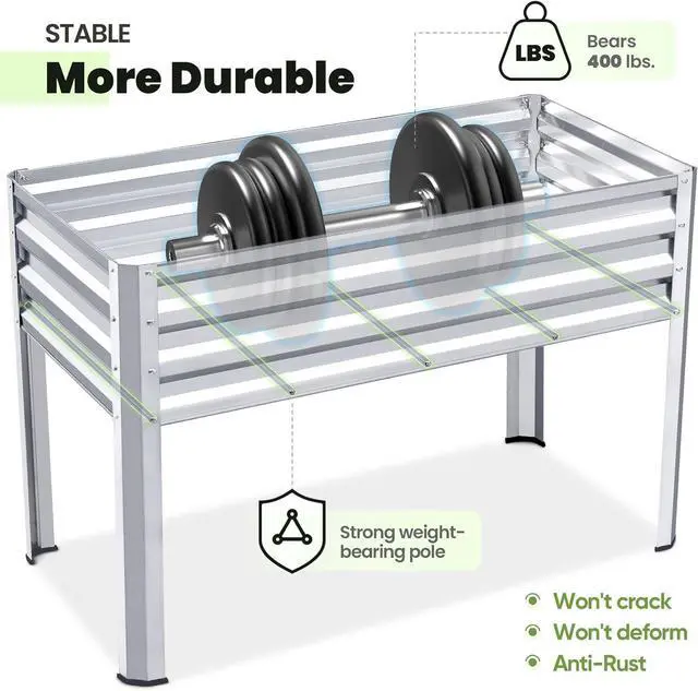 Alt view image 4 of 7 - KING BIRD Large Raised Garden Bed with Legs Galvanized Elevated Planter Box 48×24×30 in for Backyard, Patio, Balcony, 400lb Capacity, Silver