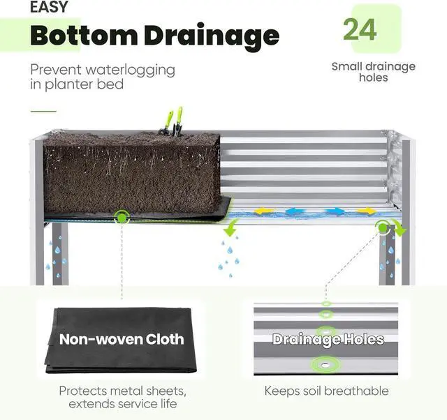 Alt view image 5 of 7 - KING BIRD Large Raised Garden Bed with Legs Galvanized Elevated Planter Box 48×24×30 in for Backyard, Patio, Balcony, 400lb Capacity, Silver