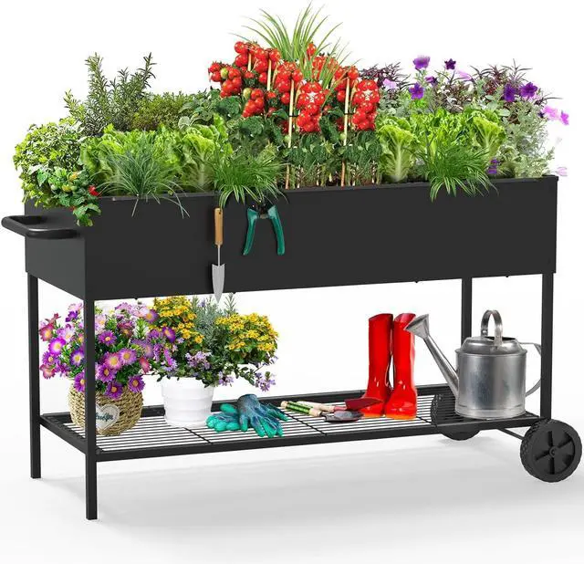 Main image of 51 × 26 × 32 Inches Raised Garden Bed with Legs/Storage Shelf, Mobile Planter Box for Outdoor Plants, Elevated Garden Bed for Backyard, Balcony, Black