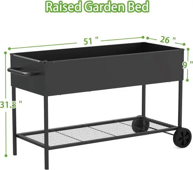 Alt view image 3 of 7 - 51 × 26 × 32 Inches Raised Garden Bed with Legs/Storage Shelf, Mobile Planter Box for Outdoor Plants, Elevated Garden Bed for Backyard, Balcony, Black