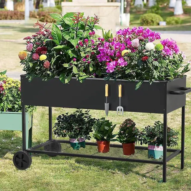 Alt view image 2 of 7 - 51 × 26 × 32 Inches Raised Garden Bed with Legs/Storage Shelf, Mobile Planter Box for Outdoor Plants, Elevated Garden Bed for Backyard, Balcony, Black