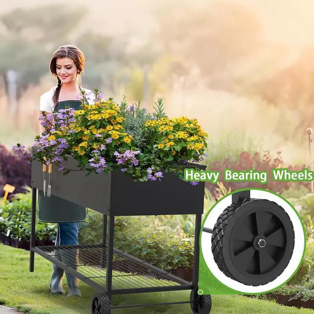 Alt view image 5 of 7 - 51 × 26 × 32 Inches Raised Garden Bed with Legs/Storage Shelf, Mobile Planter Box for Outdoor Plants, Elevated Garden Bed for Backyard, Balcony, Black