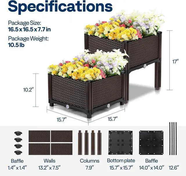Alt view image 2 of 7 - VIVOHOME 2 Packs Elevated Plastic Raised Garden Bed Planter Kit, Outdoor Planters Above Ground Flower Vegetable Standing Planter Box for Patio Deck Porch W/Drainage Holes