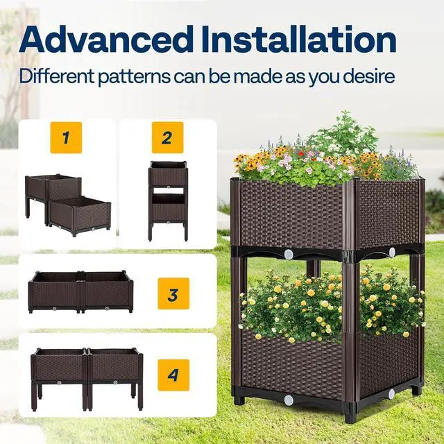 Alt view image 4 of 7 - VIVOHOME 2 Packs Elevated Plastic Raised Garden Bed Planter Kit, Outdoor Planters Above Ground Flower Vegetable Standing Planter Box for Patio Deck Porch W/Drainage Holes