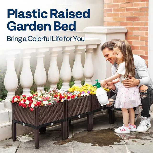 Alt view image 7 of 7 - VIVOHOME 2 Packs Elevated Plastic Raised Garden Bed Planter Kit, Outdoor Planters Above Ground Flower Vegetable Standing Planter Box for Patio Deck Porch W/Drainage Holes