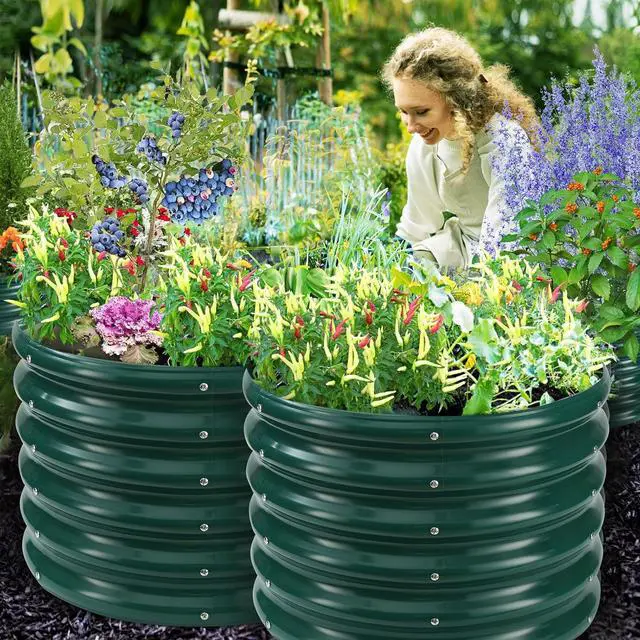 Alt view image 2 of 6 - 17" Tall Round Outdoor Garden Raised Garden Bed Kits-0.8MM Thick Metal Raised Planter Bed/Ground Planter Box for Variety of Flowers,Herbs,Vegetables (Dark Green, 24 inches Diameter)