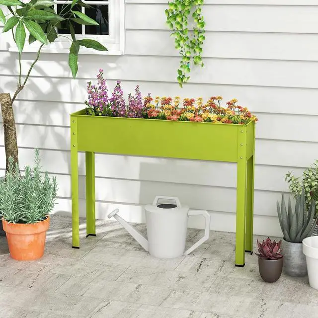 Alt view image 4 of 7 - HAPPYGRILL Raised Garden Bed, 31.5 Elevated Planter Box w/Legs, Drainage Hole, Hemming Design, Metal Garden Box for Vegetable Herb, Outdoor Raised Beds for Gardening, Backyard Porch Balcony, Green