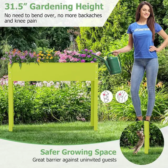 Alt view image 6 of 7 - HAPPYGRILL Raised Garden Bed, 31.5 Elevated Planter Box w/Legs, Drainage Hole, Hemming Design, Metal Garden Box for Vegetable Herb, Outdoor Raised Beds for Gardening, Backyard Porch Balcony, Green
