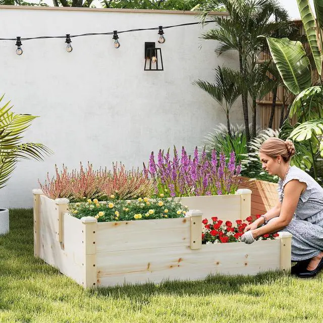 Alt view image 2 of 7 - HAPPYGRILL 3-Tier Raised Garden Bed, Wood Elevated Planter Box w/Open-Ended Base, 3 Planting Depths& 2 Arrangement Options for Yard Lawn, Outdoor Planter Raised Beds for Vegetables Herbs Fruits