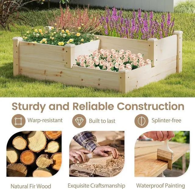 Alt view image 5 of 7 - HAPPYGRILL 3-Tier Raised Garden Bed, Wood Elevated Planter Box w/Open-Ended Base, 3 Planting Depths& 2 Arrangement Options for Yard Lawn, Outdoor Planter Raised Beds for Vegetables Herbs Fruits