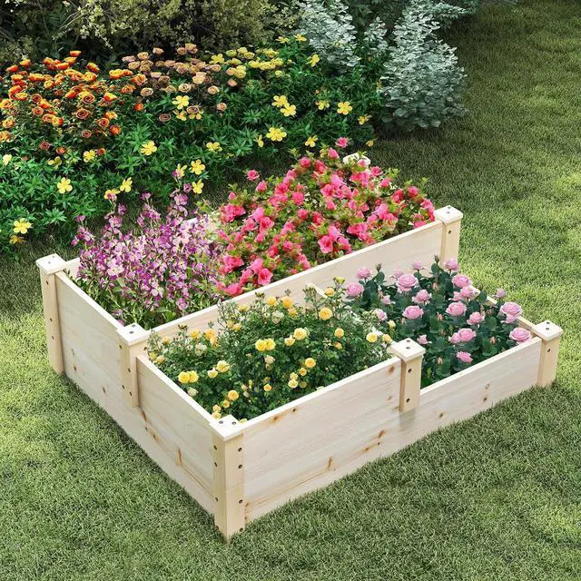 Alt view image 4 of 7 - HAPPYGRILL 3-Tier Raised Garden Bed, Wood Elevated Planter Box w/Open-Ended Base, 3 Planting Depths& 2 Arrangement Options for Yard Lawn, Outdoor Planter Raised Beds for Vegetables Herbs Fruits