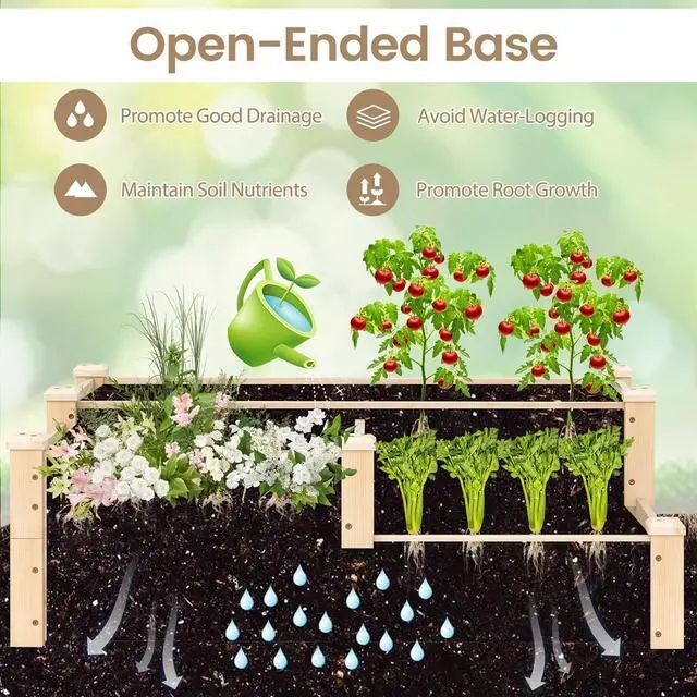 Alt view image 6 of 7 - HAPPYGRILL 3-Tier Raised Garden Bed, Wood Elevated Planter Box w/Open-Ended Base, 3 Planting Depths& 2 Arrangement Options for Yard Lawn, Outdoor Planter Raised Beds for Vegetables Herbs Fruits