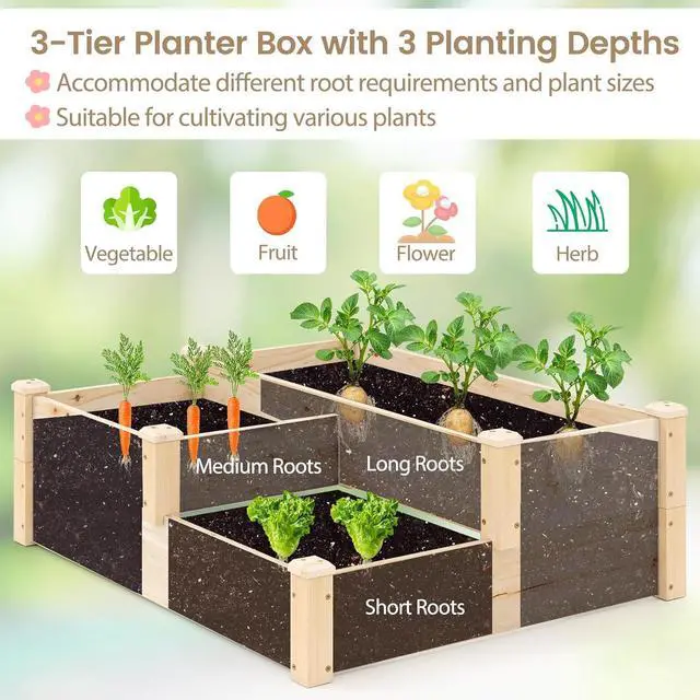 Alt view image 7 of 7 - HAPPYGRILL 3-Tier Raised Garden Bed, Wood Elevated Planter Box w/Open-Ended Base, 3 Planting Depths& 2 Arrangement Options for Yard Lawn, Outdoor Planter Raised Beds for Vegetables Herbs Fruits