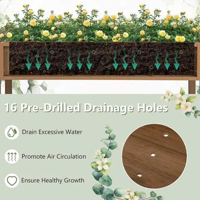 Alt view image 7 of 7 - Giantex HIPS Raised Garden Bed, Elevated Planter Box w/Legs, Storage Shelf, Drainage Holes, Weather-Proof Standing Raised Beds for Backyard Porch Flower Herb (Coffee, 44" x 18" x 29")