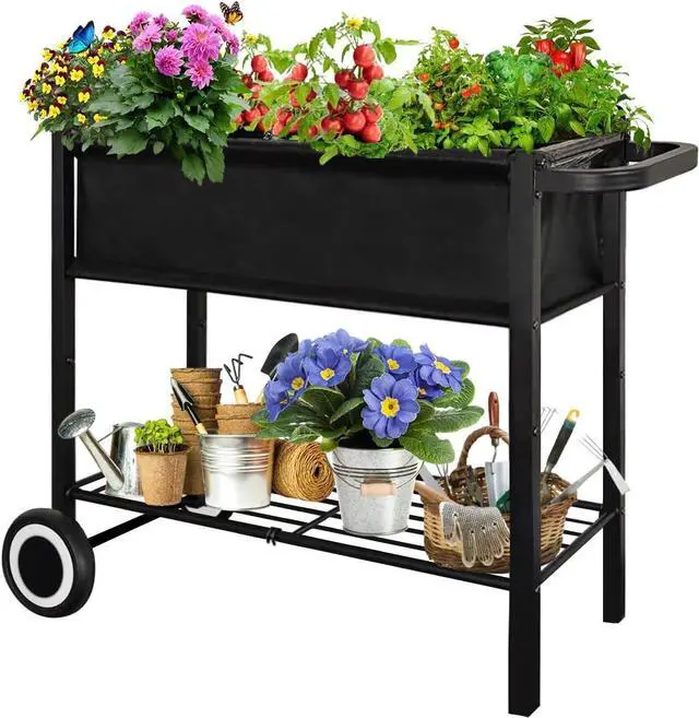 Main image of Raised Garden Bed with Legs for Outdoor Plants, Standing Elevated Planter Box Cart on Wheels for Vegetables Flower Herb Patio, Black
