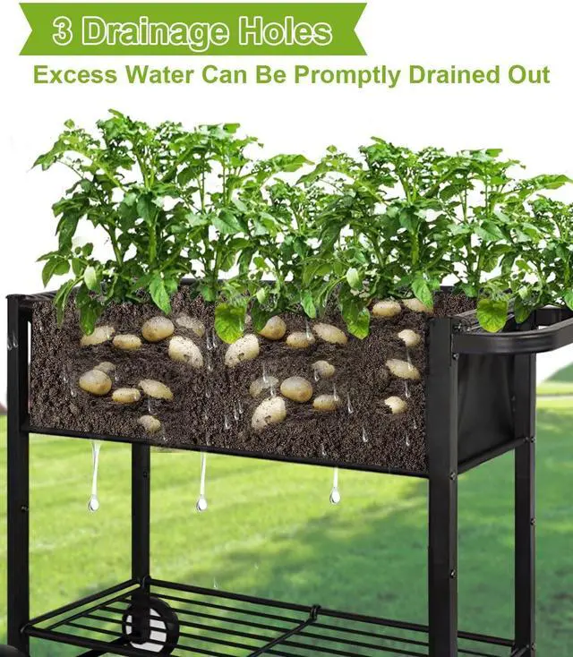 Alt view image 4 of 7 - Raised Garden Bed with Legs for Outdoor Plants, Standing Elevated Planter Box Cart on Wheels for Vegetables Flower Herb Patio, Black