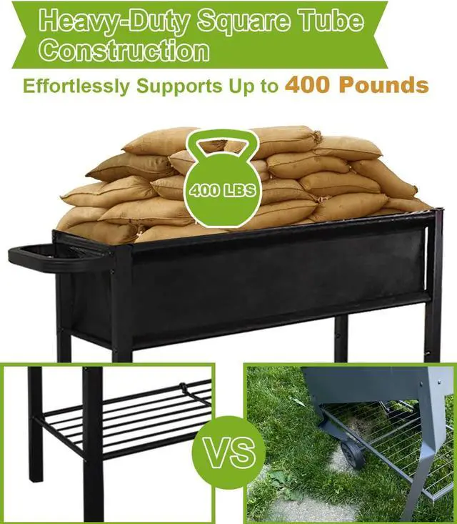Alt view image 6 of 7 - Raised Garden Bed with Legs for Outdoor Plants, Standing Elevated Planter Box Cart on Wheels for Vegetables Flower Herb Patio, Black