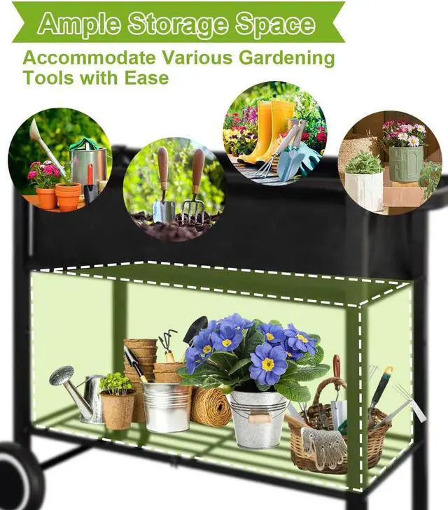 Alt view image 5 of 7 - Raised Garden Bed with Legs for Outdoor Plants, Standing Elevated Planter Box Cart on Wheels for Vegetables Flower Herb Patio, Black