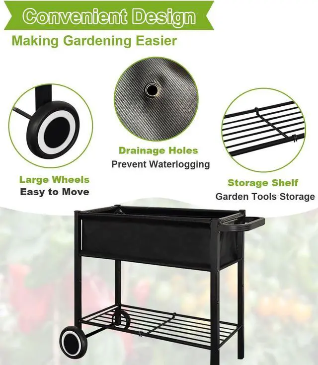 Alt view image 7 of 7 - Raised Garden Bed with Legs for Outdoor Plants, Standing Elevated Planter Box Cart on Wheels for Vegetables Flower Herb Patio, Black