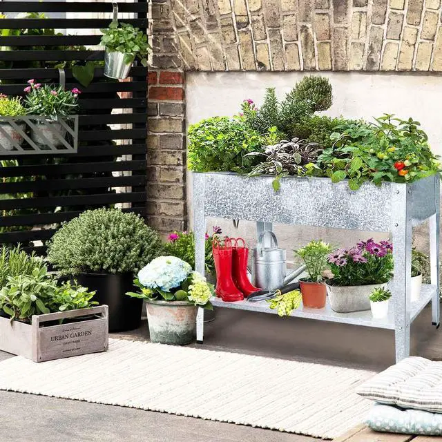 Alt view image 7 of 7 - Galvanized Raised Garden Bed for Vegetables Elevated Planter Box with Legs Outdoor Patio Apartment Herb Container Metal