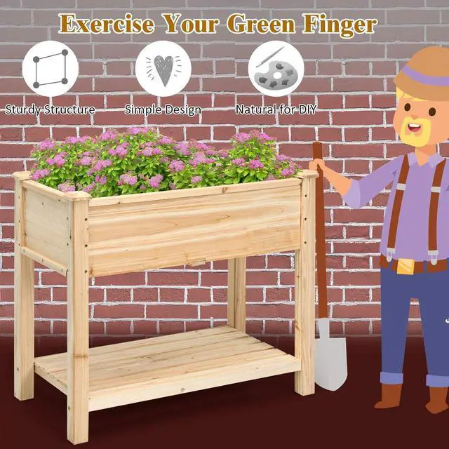 Alt view image 6 of 7 - S AFSTAR Raised Garden Bed with Storage Shelf, Elevated Cedar Wood Planter Box with Legs, Outdoor Gardening Planting Bed for Vegetables Flower Herb Grow, Great for Backyard Patio Lawn