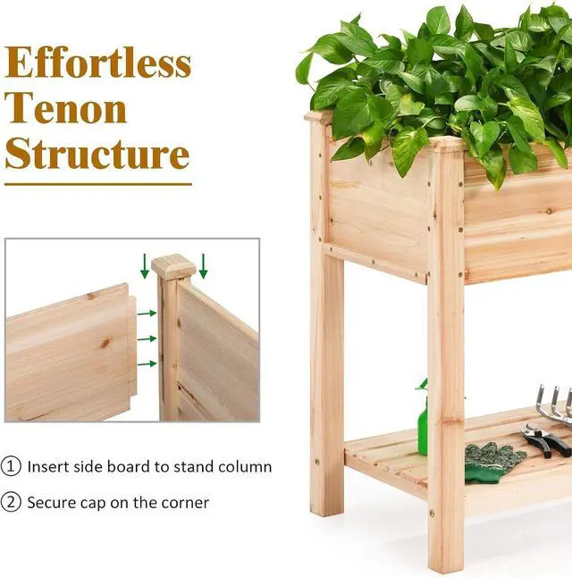 Alt view image 7 of 7 - S AFSTAR Raised Garden Bed with Storage Shelf, Elevated Cedar Wood Planter Box with Legs, Outdoor Gardening Planting Bed for Vegetables Flower Herb Grow, Great for Backyard Patio Lawn