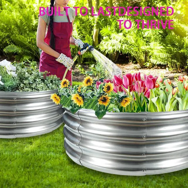 Alt view image 2 of 7 - Durable Round Galvanized Steel Raised Garden Bed for Planting,Round Galvanized Steel Fire Ring/Fir Pit 32-Inch for Outdoor,0.8MM Thick (32 ins Diameter x 12 ins high, Silver)