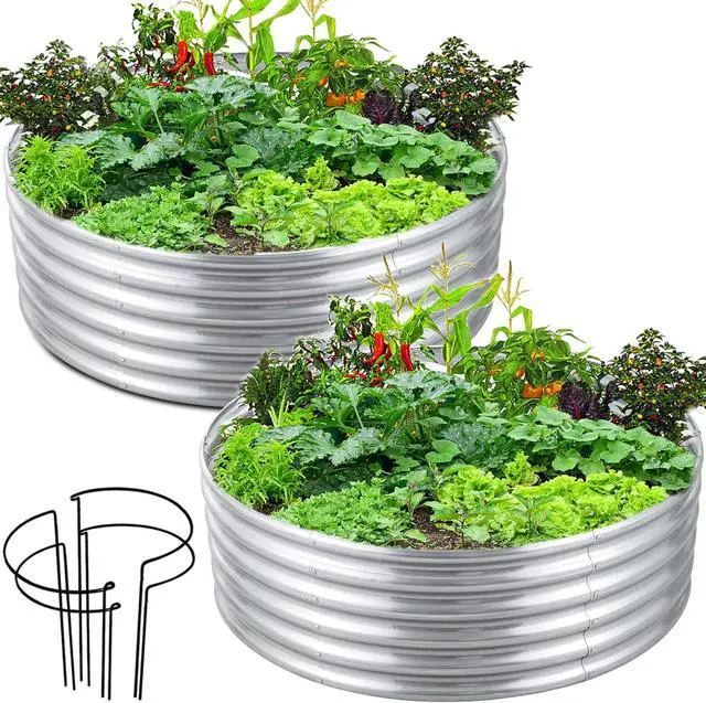 Main image of FORTUNO 2 Pcs 2 Ft Round Raised Garden Bed Box Galvanized Metal Outdoor Flower Bed Steel Patio Ground Planter for Planting Vegetables and Herbs, Silver