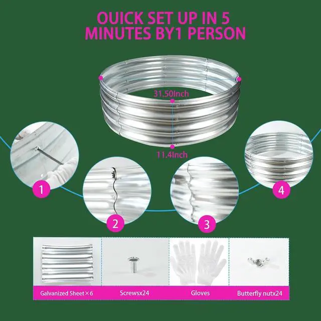Alt view image 7 of 7 - Durable Round Galvanized Steel Raised Garden Bed for Planting,Round Galvanized Steel Fire Ring/Fir Pit 32-Inch for Outdoor,0.8MM Thick (32 ins Diameter x 12 ins high, Silver)