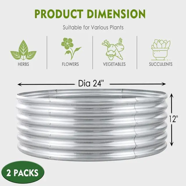 Alt view image 3 of 7 - FORTUNO 2 Pcs 2 Ft Round Raised Garden Bed Box Galvanized Metal Outdoor Flower Bed Steel Patio Ground Planter for Planting Vegetables and Herbs, Silver