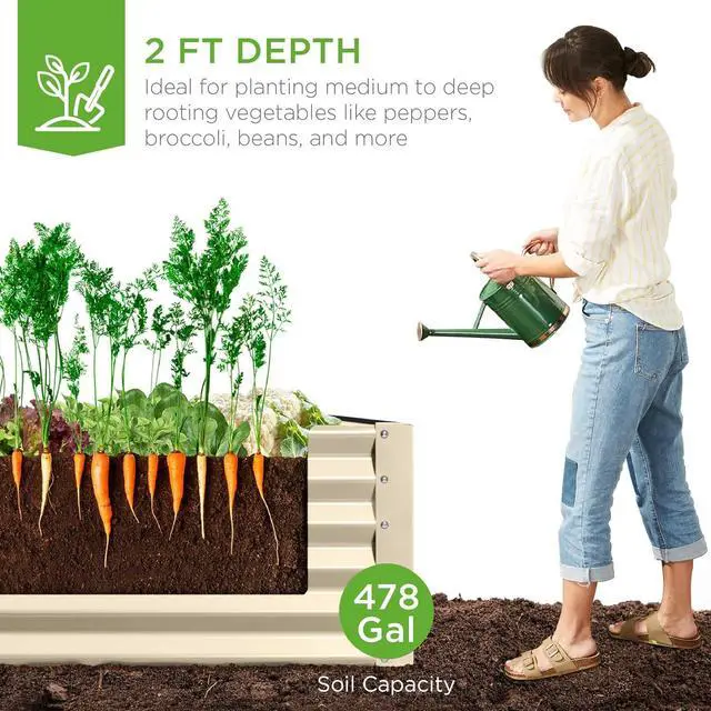 Alt view image 3 of 7 - Best Choice Products 8x4x2ft Outdoor Metal Raised Garden Bed, Deep Root Planter Box for Vegetables, Flowers, Herbs, and Succulents w/ 478 Gallon Capacity - Beige