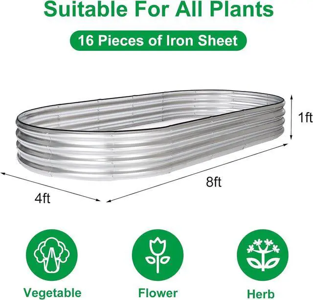 Alt view image 3 of 7 - JERIA 8×4×1ft Oval Raised Garden Bed,Galvanized Raised Garden Bed Kit Outdoor Metal Gardening Planter Box for Vegetable, Fruits, FlowerHerbs
